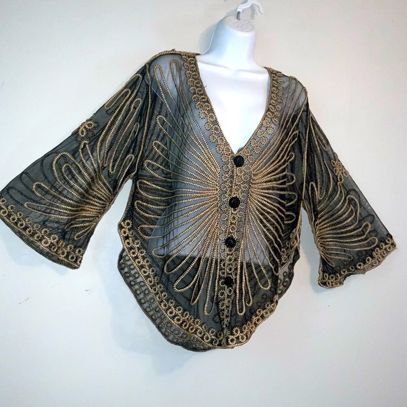 Gorgeous Vintage Black & Gold Embroidered Sheer Retro Poncho OS - Picture 5 of 11